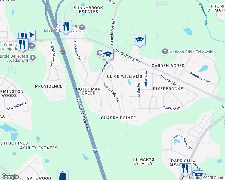 map of restaurants, bars, coffee shops, grocery stores, and more near 2606 Quarry Ridge Lane in Raleigh
