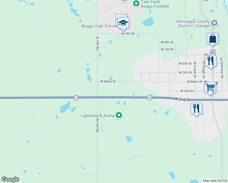 map of restaurants, bars, coffee shops, grocery stores, and more near 211 North Newton Place in Beggs