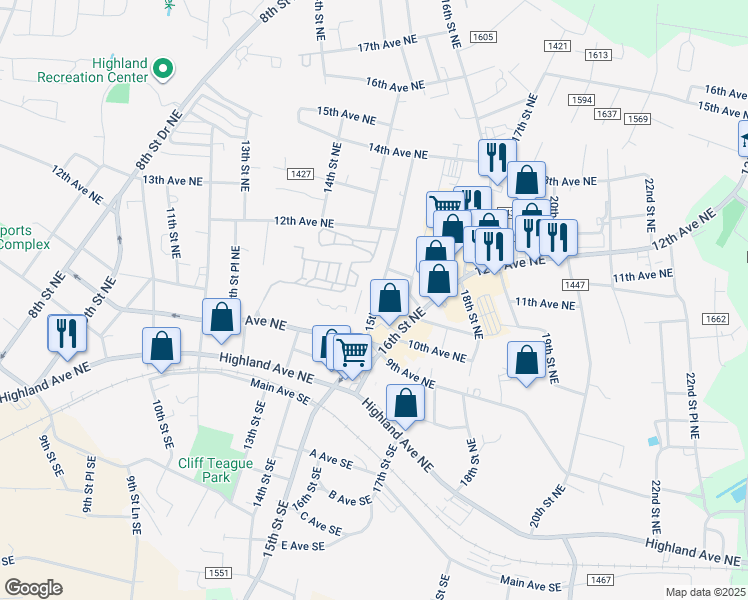 map of restaurants, bars, coffee shops, grocery stores, and more near 1021 15th Street Northeast in Hickory