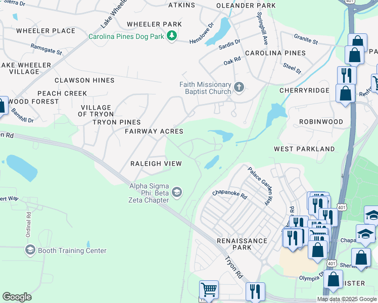 map of restaurants, bars, coffee shops, grocery stores, and more near 2722 Links Club Drive in Raleigh