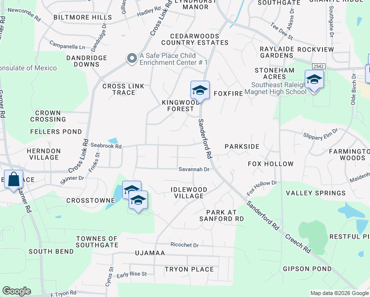 map of restaurants, bars, coffee shops, grocery stores, and more near 1313 Seabrook Road in Raleigh