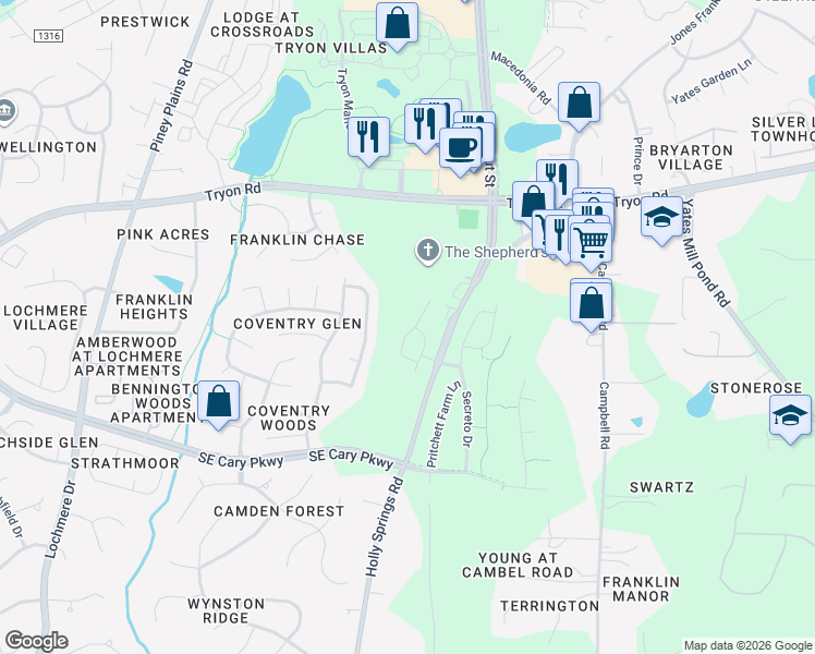 map of restaurants, bars, coffee shops, grocery stores, and more near 705 Newlyn Drive in Raleigh