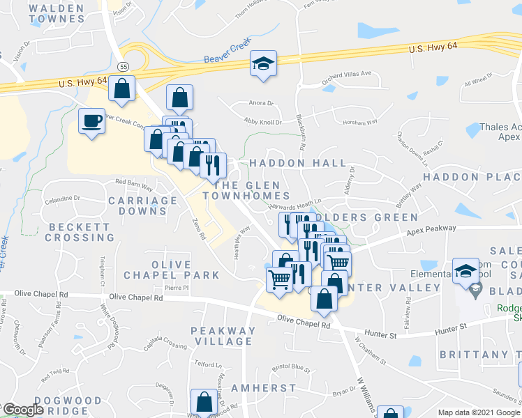 map of restaurants, bars, coffee shops, grocery stores, and more near 1204 Haywards Heath Lane in Apex