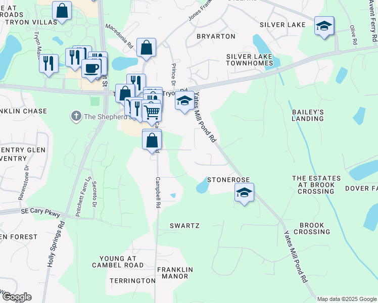 map of restaurants, bars, coffee shops, grocery stores, and more near 2729 Campbell Road in Raleigh