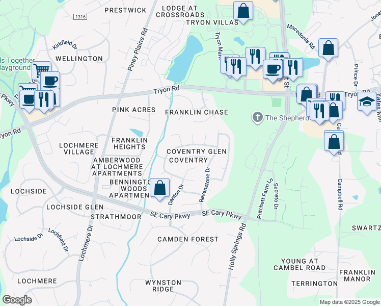 map of restaurants, bars, coffee shops, grocery stores, and more near 114 Old Bridge Lane in Cary