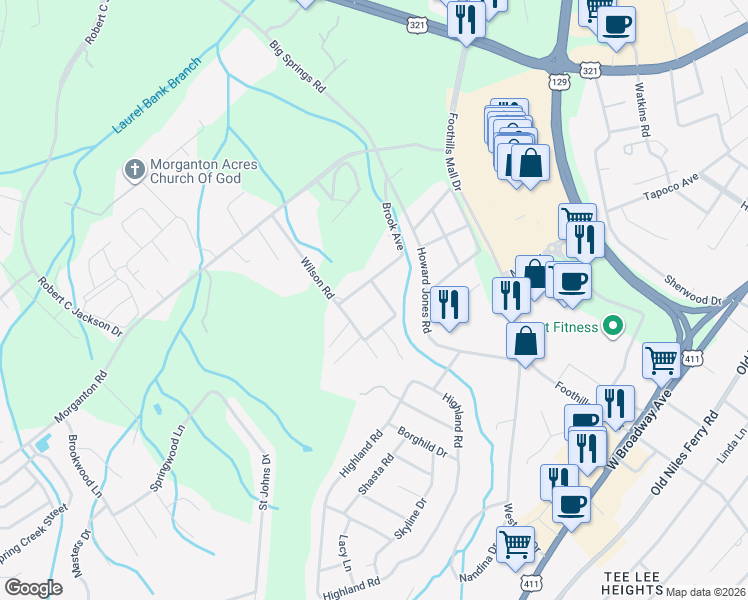 map of restaurants, bars, coffee shops, grocery stores, and more near 1804 Brook Avenue in Maryville