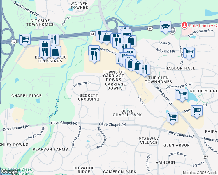 map of restaurants, bars, coffee shops, grocery stores, and more near 116 Kellerhis Drive in Apex