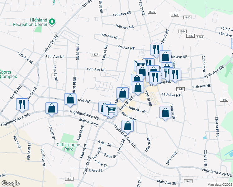 map of restaurants, bars, coffee shops, grocery stores, and more near 1021 15th Street Northeast in Hickory