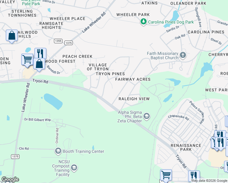 map of restaurants, bars, coffee shops, grocery stores, and more near 3016 Rennit Court in Raleigh