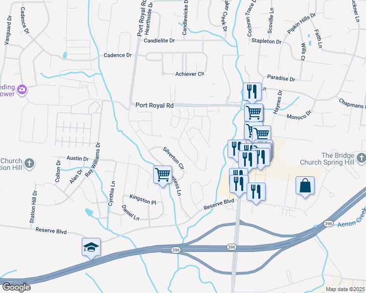 map of restaurants, bars, coffee shops, grocery stores, and more near 1140 Somerset Springs Drive in Spring Hill
