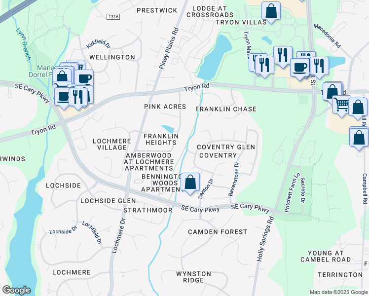 map of restaurants, bars, coffee shops, grocery stores, and more near Speight Branch Greenway in Cary