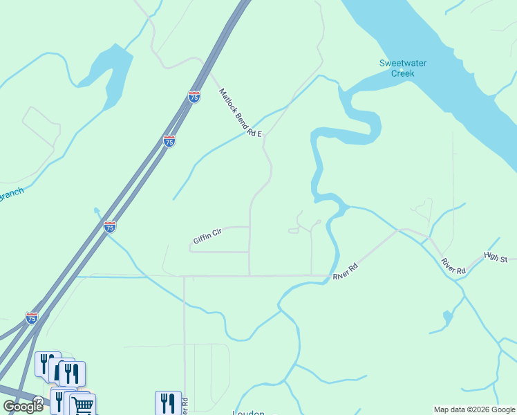 map of restaurants, bars, coffee shops, grocery stores, and more near 1535 Matlock Bend Road East in Loudon