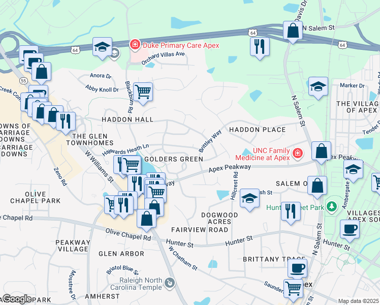 map of restaurants, bars, coffee shops, grocery stores, and more near 502 Knightsborough Way in Apex