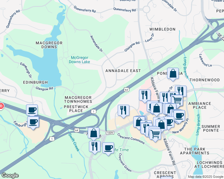 map of restaurants, bars, coffee shops, grocery stores, and more near 513 Annandale Drive in Cary