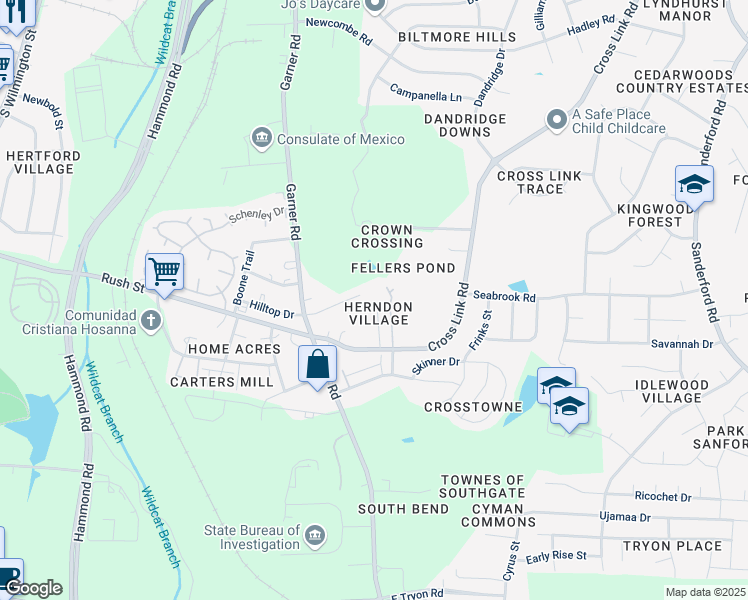 map of restaurants, bars, coffee shops, grocery stores, and more near 635 Hilltop Drive in Raleigh