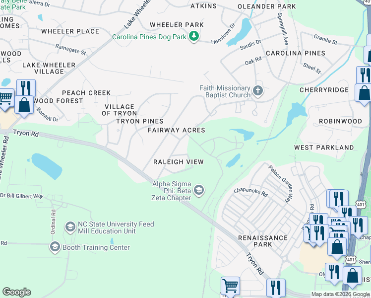 map of restaurants, bars, coffee shops, grocery stores, and more near 2600 Par Drive in Raleigh