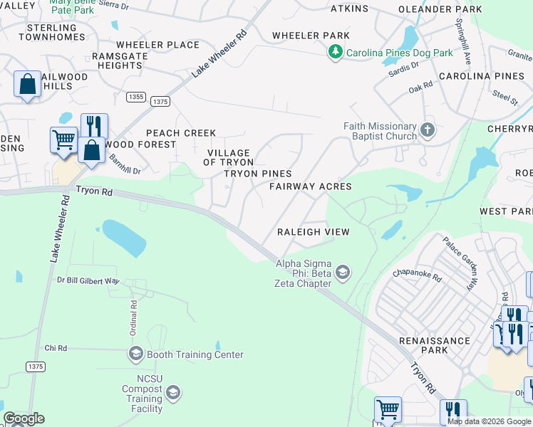 map of restaurants, bars, coffee shops, grocery stores, and more near 3016 Rennit Court in Raleigh