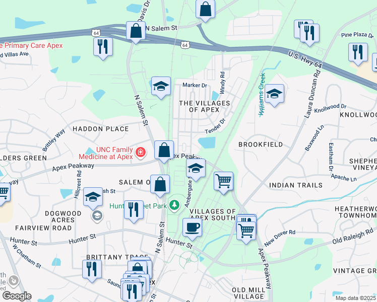 map of restaurants, bars, coffee shops, grocery stores, and more near 1095 Ambergate Station in Apex