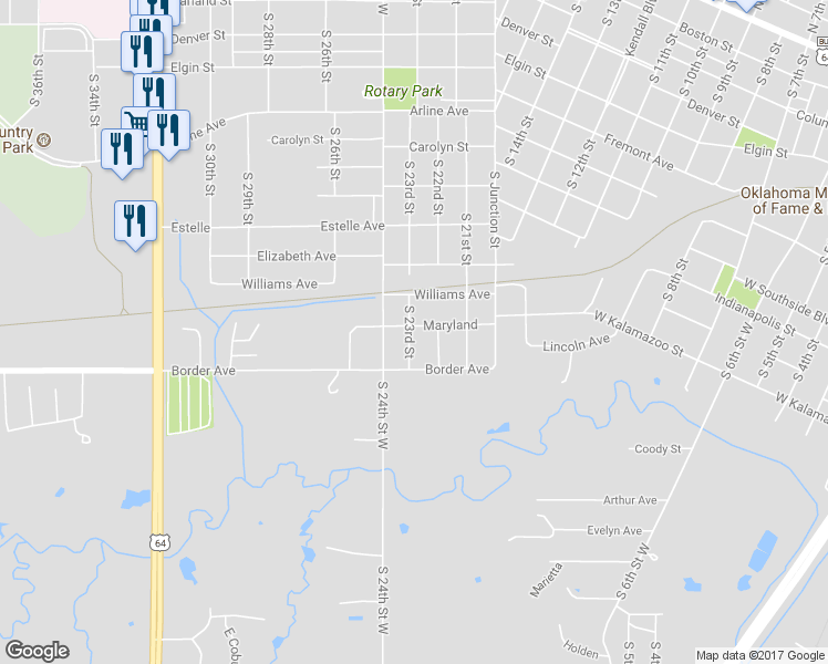 map of restaurants, bars, coffee shops, grocery stores, and more near 1214 South 23rd Street in Muskogee