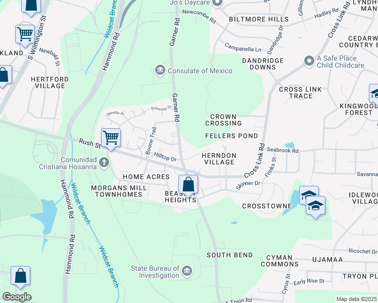 map of restaurants, bars, coffee shops, grocery stores, and more near 2707 Garner Road in Raleigh