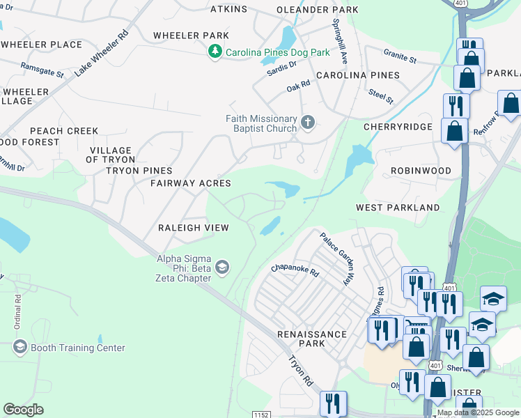 map of restaurants, bars, coffee shops, grocery stores, and more near 1441 9 Iron Way in Raleigh