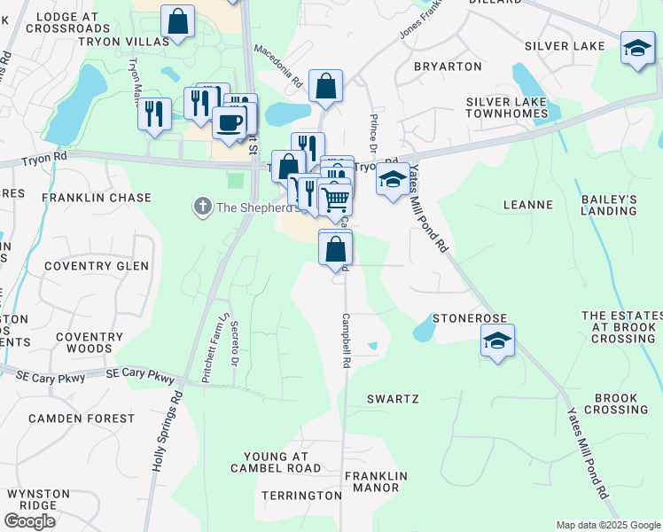 map of restaurants, bars, coffee shops, grocery stores, and more near 2720 Campbell Road in Raleigh