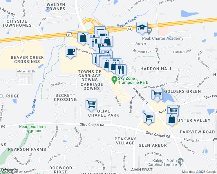 map of restaurants, bars, coffee shops, grocery stores, and more near 209 Troyer Place in Apex