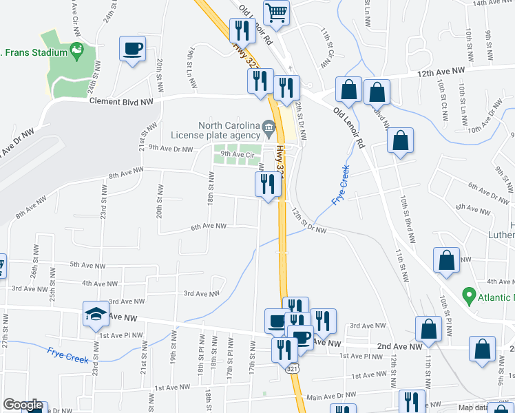 map of restaurants, bars, coffee shops, grocery stores, and more near 653 17th Street Northwest in Hickory