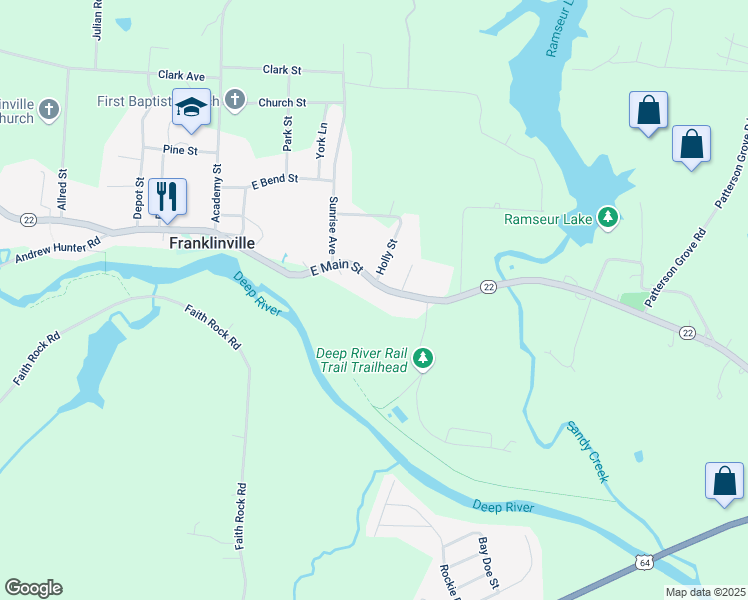 map of restaurants, bars, coffee shops, grocery stores, and more near 352E East Main Street in Franklinville