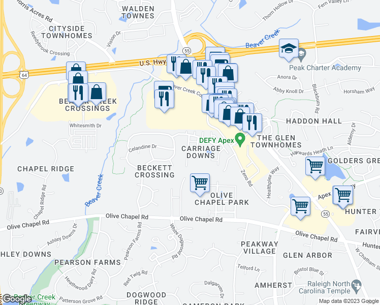 map of restaurants, bars, coffee shops, grocery stores, and more near 125 Kellerhis Drive in Apex