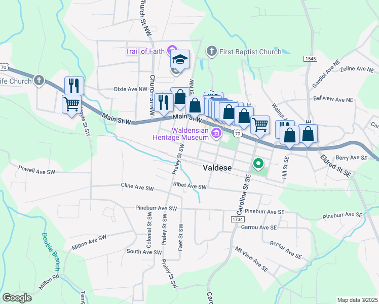 map of restaurants, bars, coffee shops, grocery stores, and more near 200 Massel Avenue Southwest in Valdese