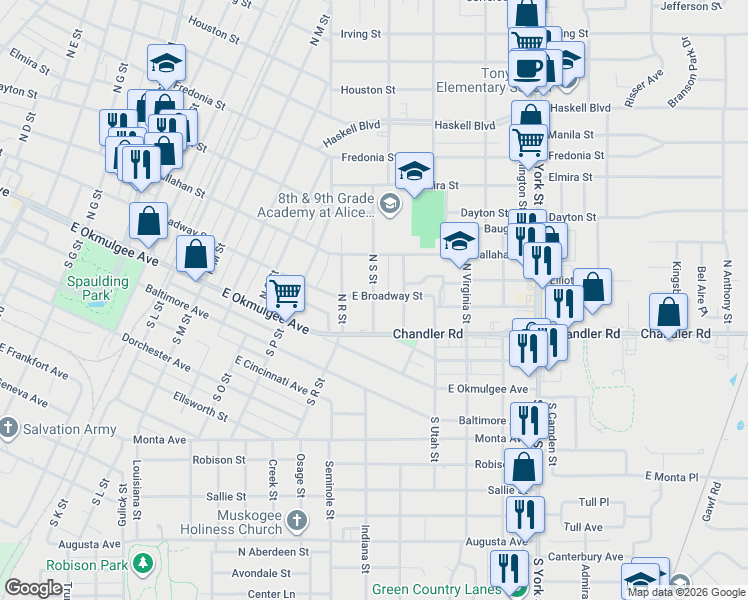 map of restaurants, bars, coffee shops, grocery stores, and more near 1801 East Broadway Avenue in Muskogee