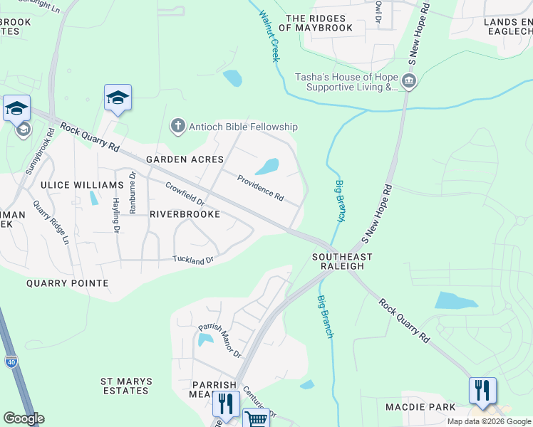 map of restaurants, bars, coffee shops, grocery stores, and more near 4501 Rock Quarry Road in Raleigh