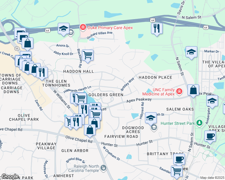 map of restaurants, bars, coffee shops, grocery stores, and more near 406 Knightsborough Way in Apex