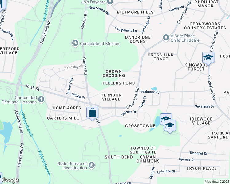 map of restaurants, bars, coffee shops, grocery stores, and more near 2821 Laodicea Drive in Raleigh