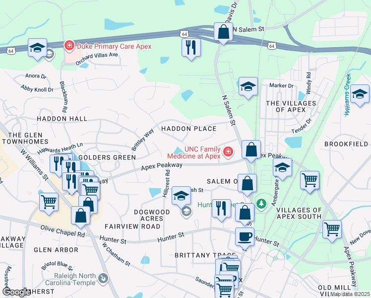 map of restaurants, bars, coffee shops, grocery stores, and more near 2202 Charlion Downs Lane in Apex