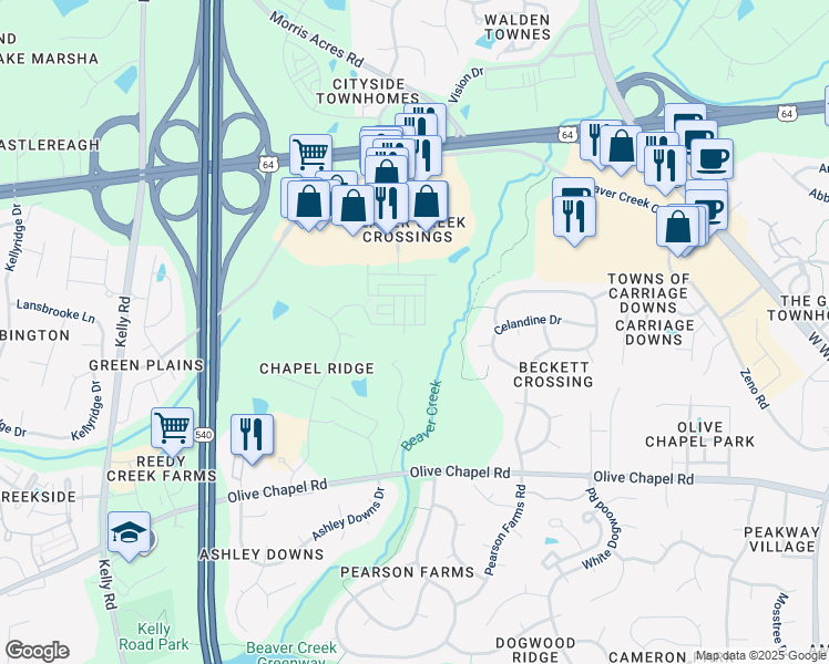 map of restaurants, bars, coffee shops, grocery stores, and more near 2001 Ackerman Hill Drive in Apex