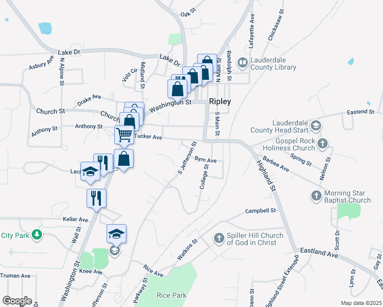 map of restaurants, bars, coffee shops, grocery stores, and more near 149 South Jefferson Street in Ripley