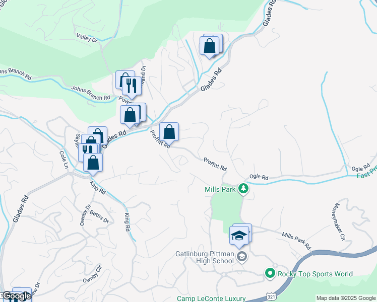 map of restaurants, bars, coffee shops, grocery stores, and more near 489 Proffitt Road in Gatlinburg