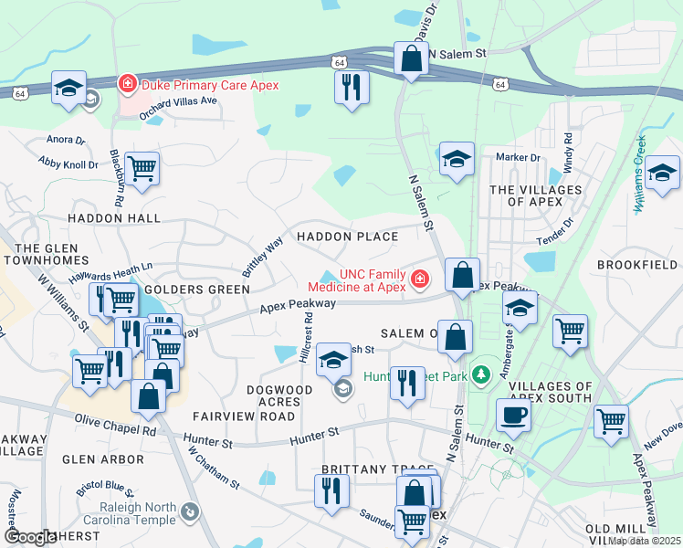 map of restaurants, bars, coffee shops, grocery stores, and more near 2202 Charlion Downs Lane in Apex