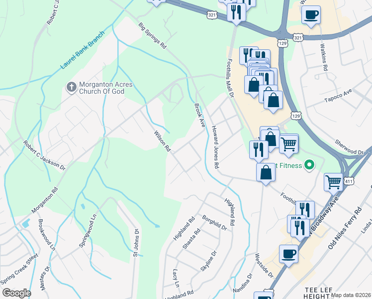 map of restaurants, bars, coffee shops, grocery stores, and more near 1804 Brook Avenue in Maryville