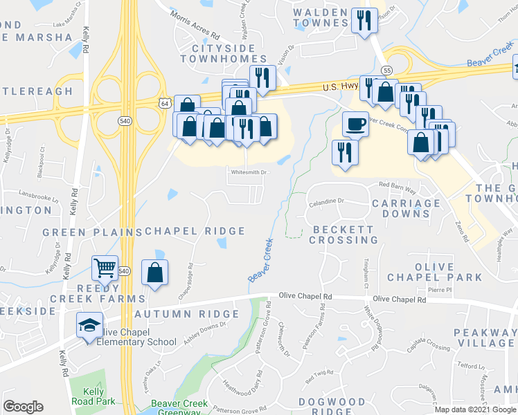 map of restaurants, bars, coffee shops, grocery stores, and more near 2009 Ackerman Hill Drive in Apex