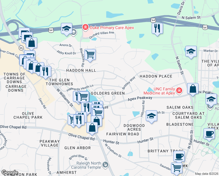 map of restaurants, bars, coffee shops, grocery stores, and more near 300 Knightsborough Way in Apex