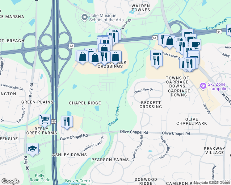 map of restaurants, bars, coffee shops, grocery stores, and more near 2001 Ackerman Hill Drive in Apex