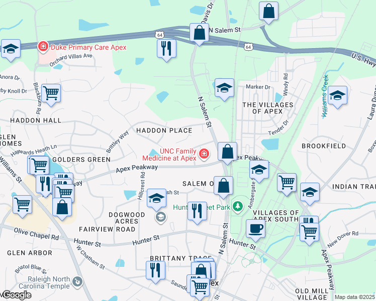 map of restaurants, bars, coffee shops, grocery stores, and more near 1252 Magnolia Row Trail in Apex