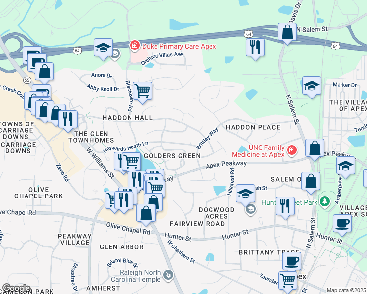 map of restaurants, bars, coffee shops, grocery stores, and more near 406 Knightsborough Way in Apex