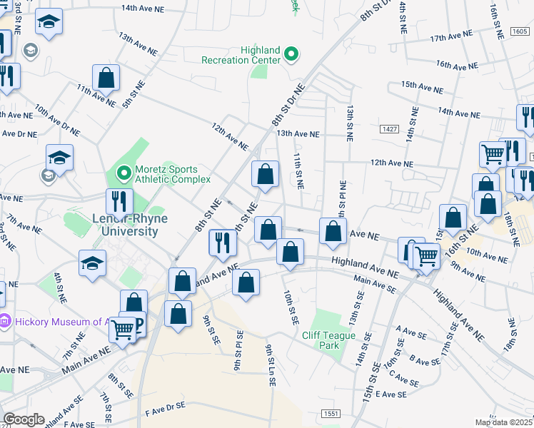map of restaurants, bars, coffee shops, grocery stores, and more near 963 9th Street Drive Northeast in Hickory
