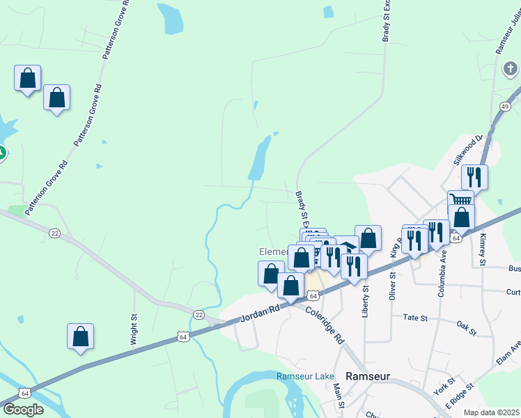 map of restaurants, bars, coffee shops, grocery stores, and more near 289 Woodmont Drive in Ramseur