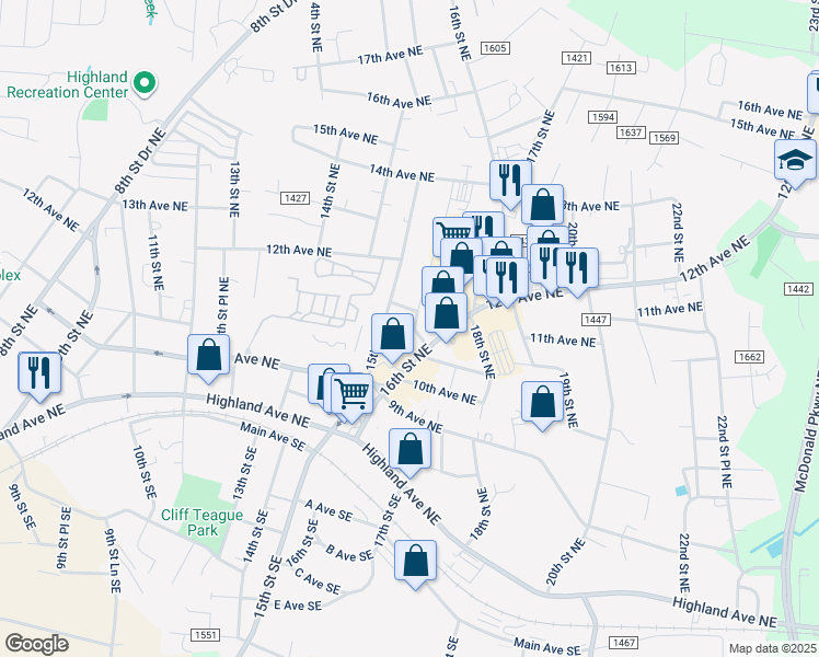 map of restaurants, bars, coffee shops, grocery stores, and more near 1035 15th Street Drive Northeast in Hickory