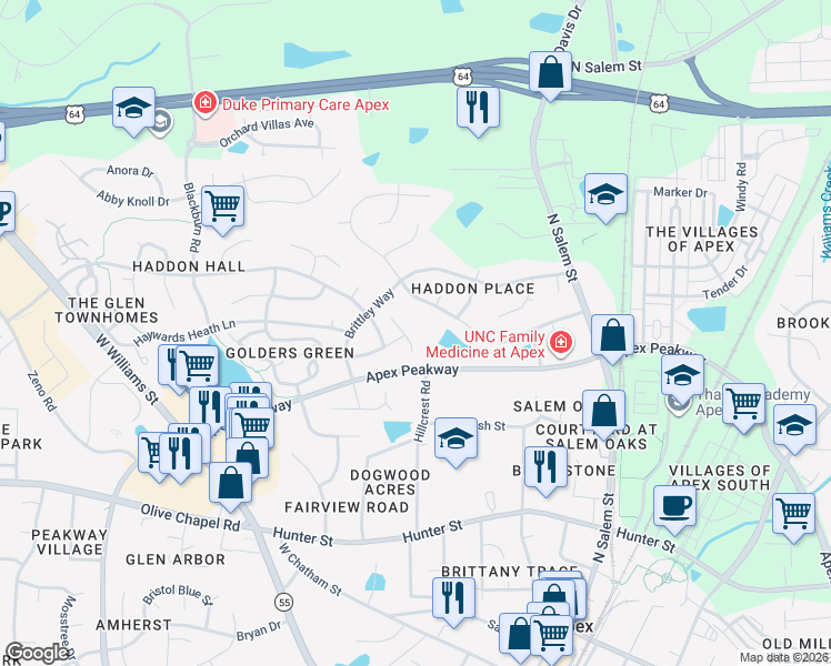 map of restaurants, bars, coffee shops, grocery stores, and more near 1000 Rushden Way in Apex